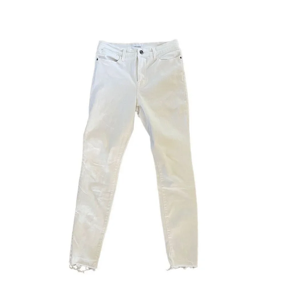 FRAME Le High Skinny White Denim Jeans Ankle W/ Raw Hem Women’s 28 X 28